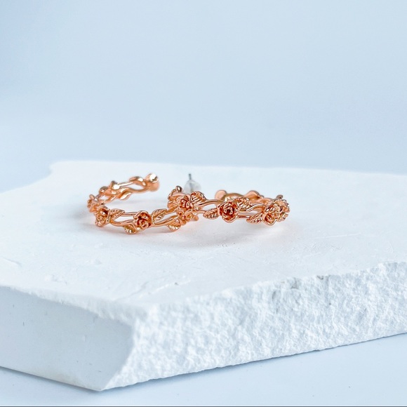 Rose Hoops Earrings 18K Gold Rose Earrings Gold Hoops Earrings Twig Earrings - Picture 7 of 10